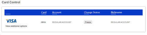 Card Control listing view showing Freeze and Unfreeze buttons