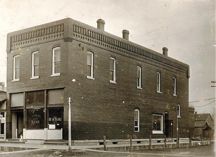Black and white photo of the original Farmers State Bank Building